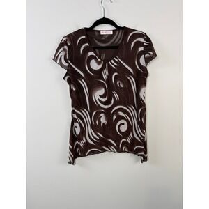 Y2K Brown Abstract Swirl Mesh Top Women's Medium Sheer Short Sleeve Stretch